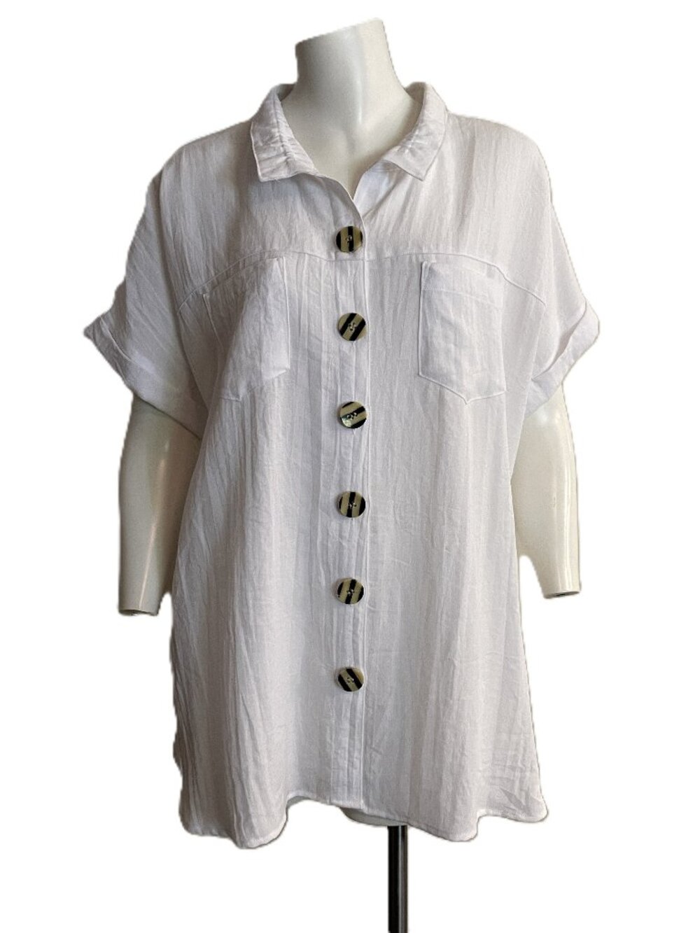 John Mark Blouse White Large Button-Up Statement Button Woven Short Sleeve Shirt